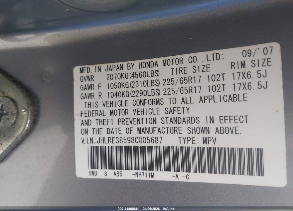 2008 HONDA CR-V EX VIN: JHLRE38598C005687