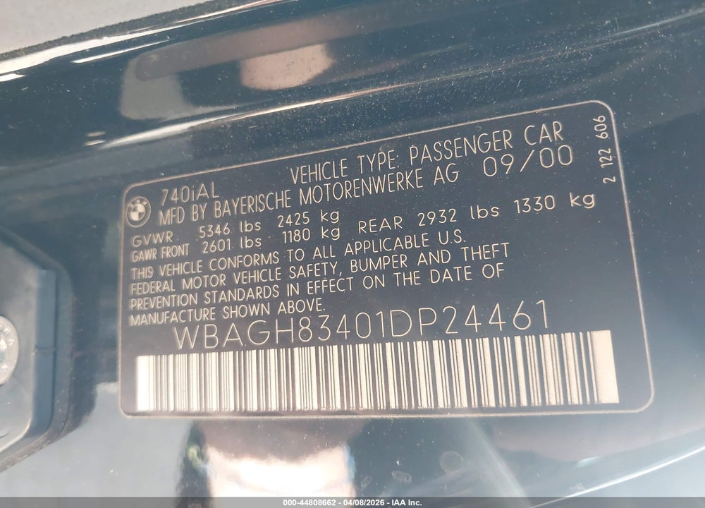 2001 BMW 740IL VIN: WBAGH83401DP24461