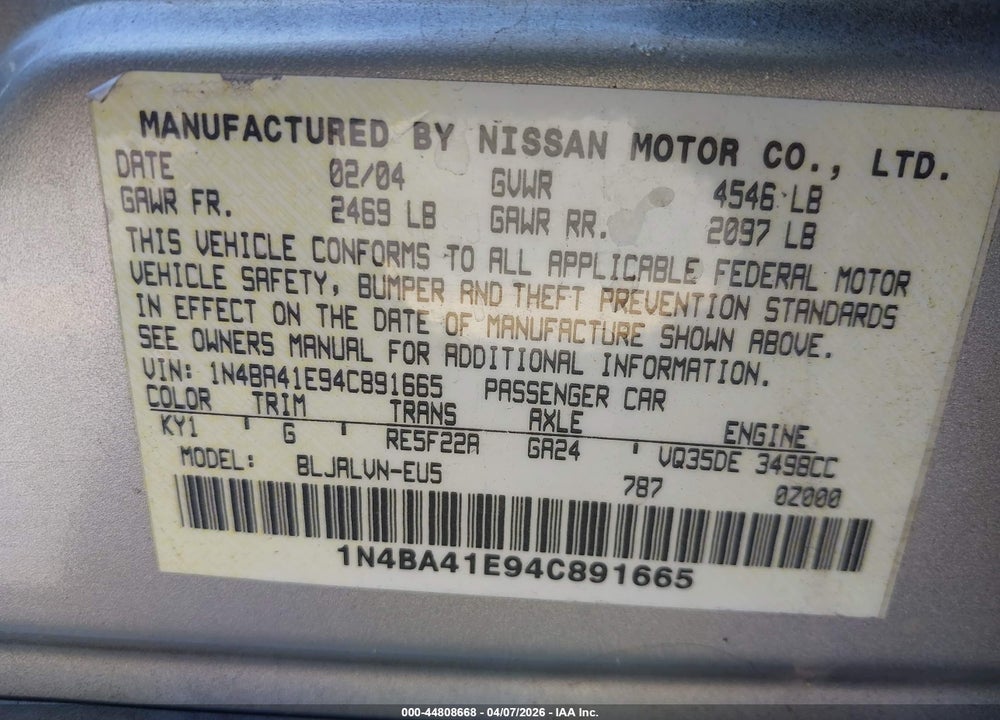 2004 NISSAN MAXIMA 3.5 SL VIN: 1N4BA41E94C891665