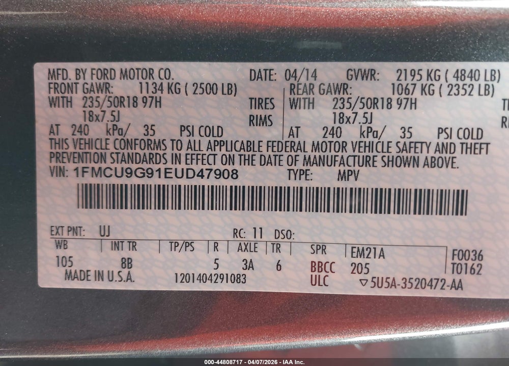 2014 FORD ESCAPE SE VIN: 1FMCU9G91EUD47908