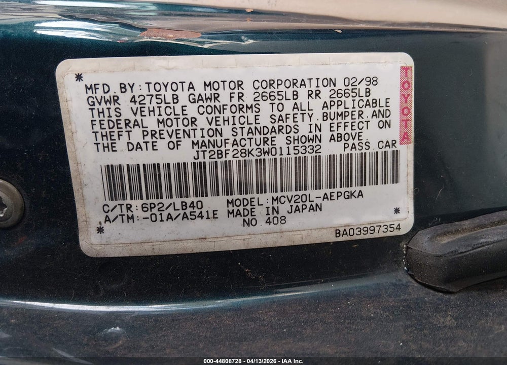 1998 TOYOTA CAMRY XLE V6 VIN: JT2BF28K3W0115332