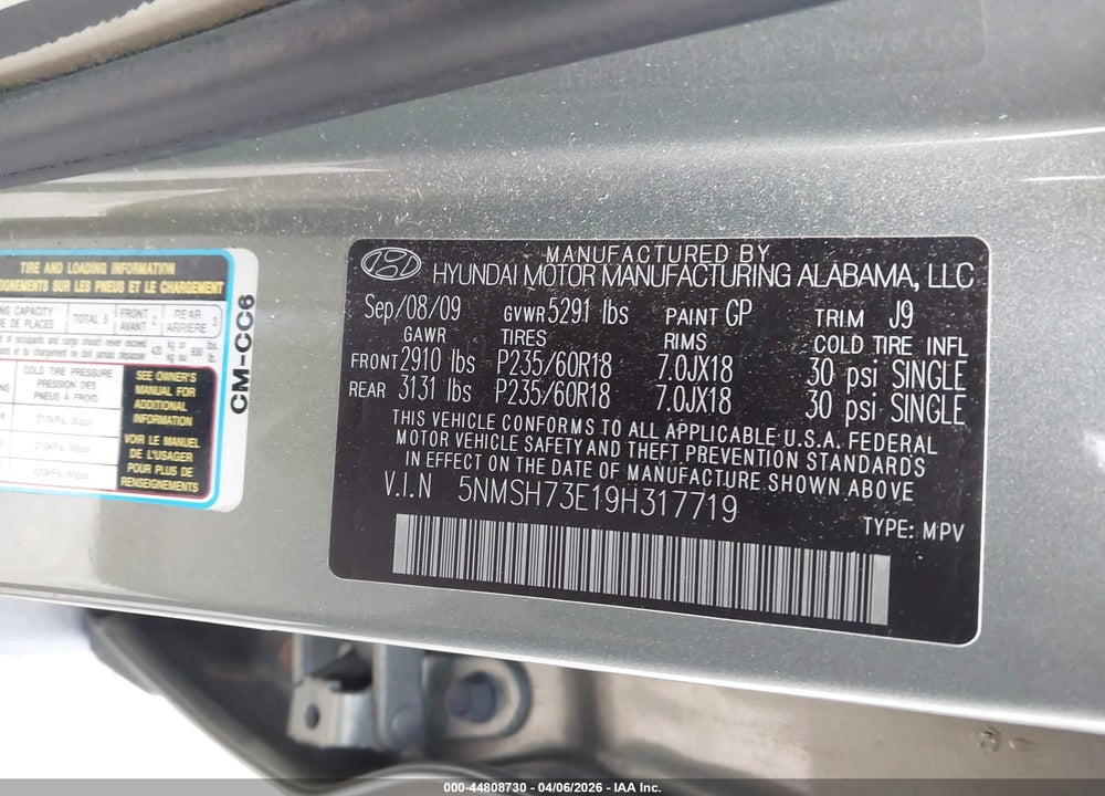 2009 HYUNDAI SANTA FE SE VIN: 5NMSH73E19H317719