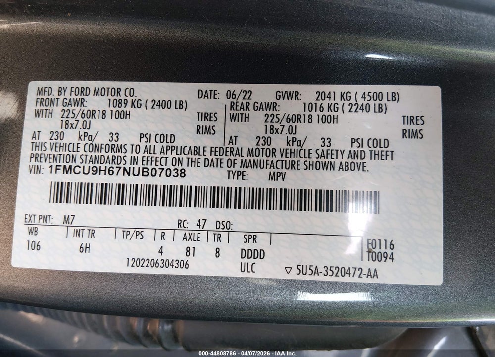 2022 FORD ESCAPE SEL VIN: 1FMCU9H67NUB07038