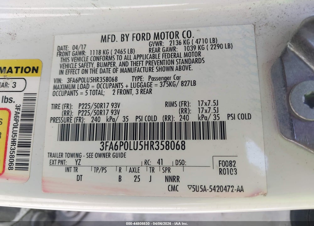 2017 FORD FUSION HYBRID SE VIN: 3FA6P0LU5HR358068