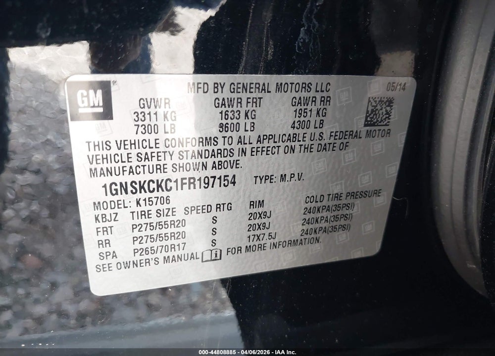 2015 CHEVROLET TAHOE VIN: 1GNSKCKC1FR197154