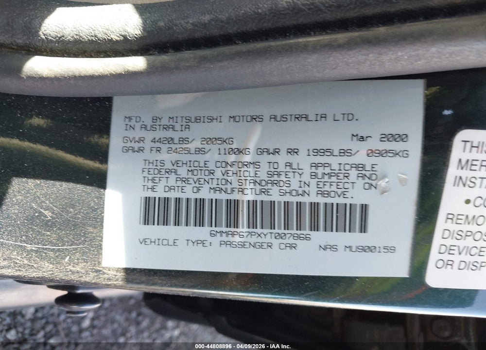 2000 MITSUBISHI DIAMANTE LS VIN: 6MMAP67PXYT007866