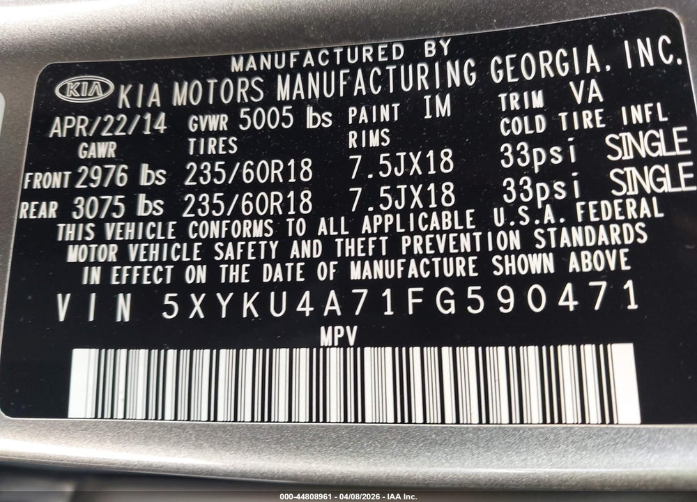 2015 KIA SORENTO EX V6 VIN: 5XYKU4A71FG590471