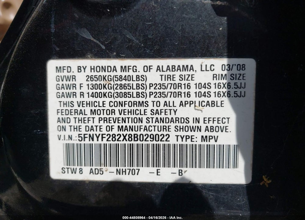 2008 HONDA PILOT VP VIN: 5FNYF282X8B029022