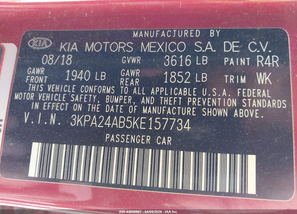 2019 KIA RIO S VIN: 3KPA24AB5KE157734