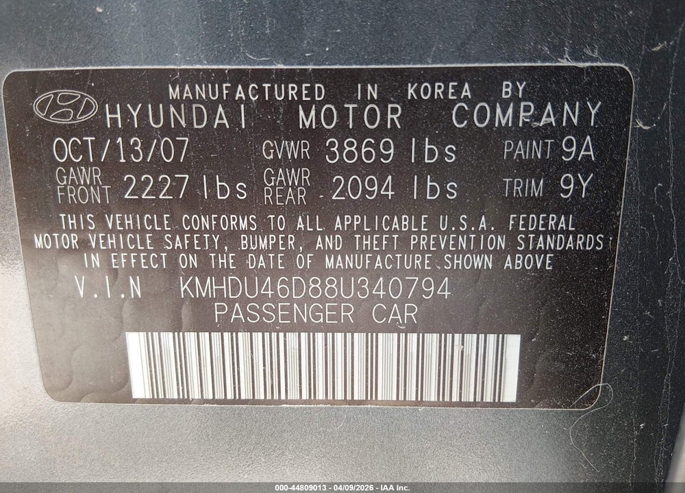 2008 HYUNDAI ELANTRA GLS/SE VIN: KMHDU46D88U340794