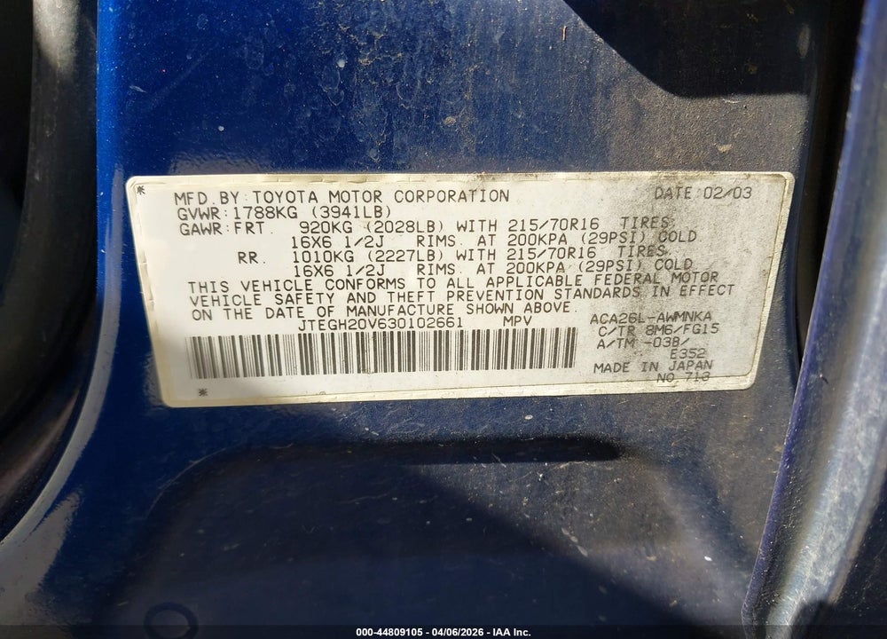 2003 TOYOTA RAV4 VIN: JTEGH20V630102661