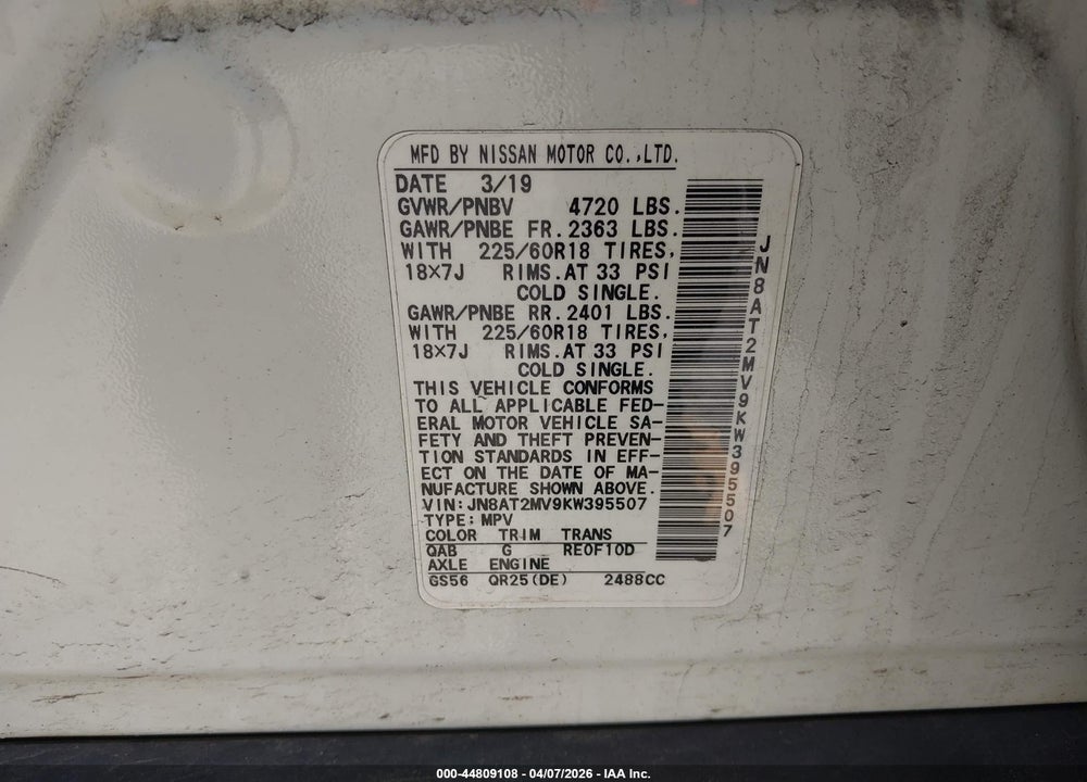 2019 NISSAN ROGUE SV VIN: JN8AT2MV9KW395507