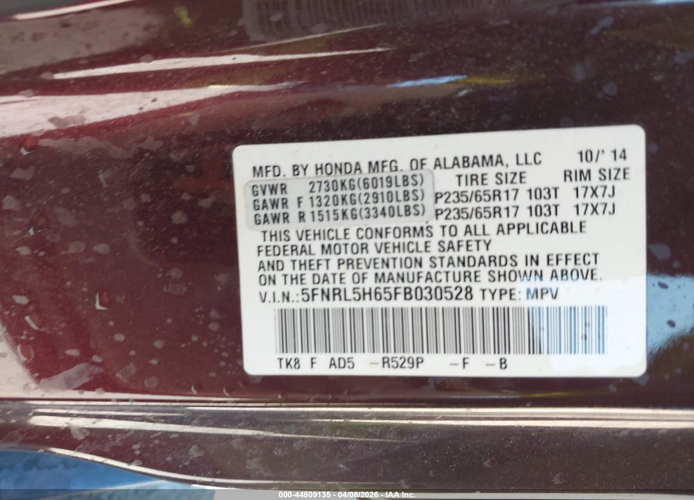 2015 HONDA ODYSSEY EX-L VIN: 5FNRL5H65FB030528
