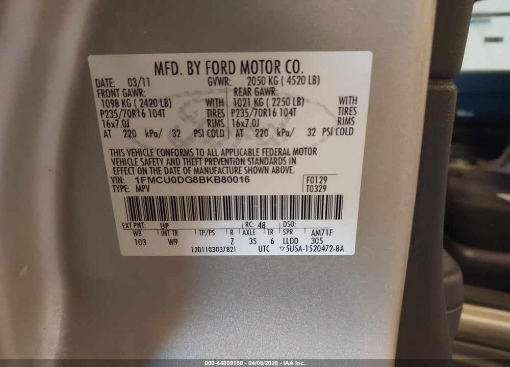 2011 FORD ESCAPE XLT VIN: 1FMCU0DG8BKB80016