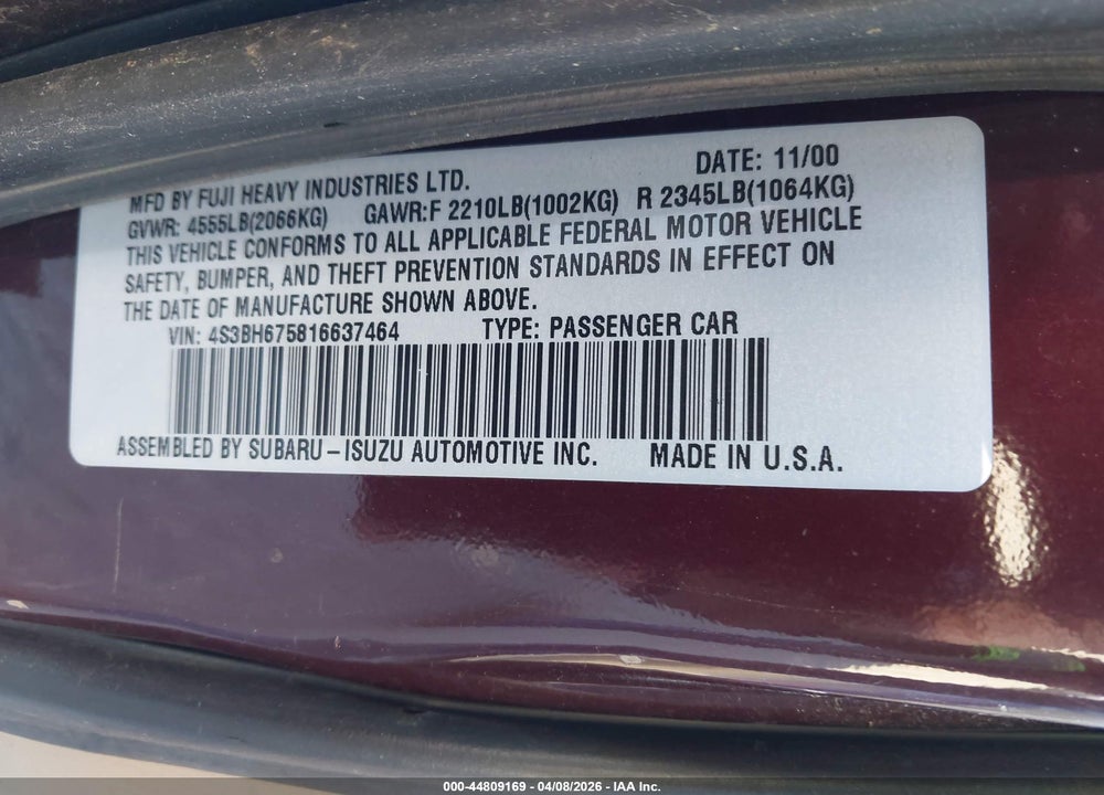 2001 SUBARU OUTBACK VIN: 4S3BH675816637464