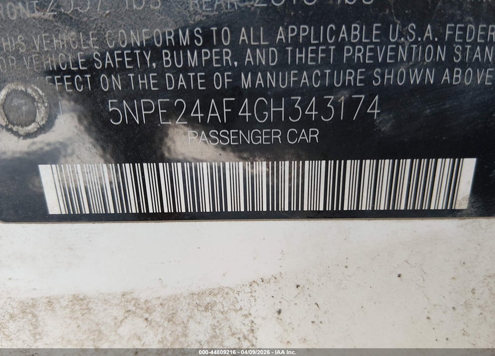 2016 HYUNDAI SONATA SE VIN: 5NPE24AF4GH343174