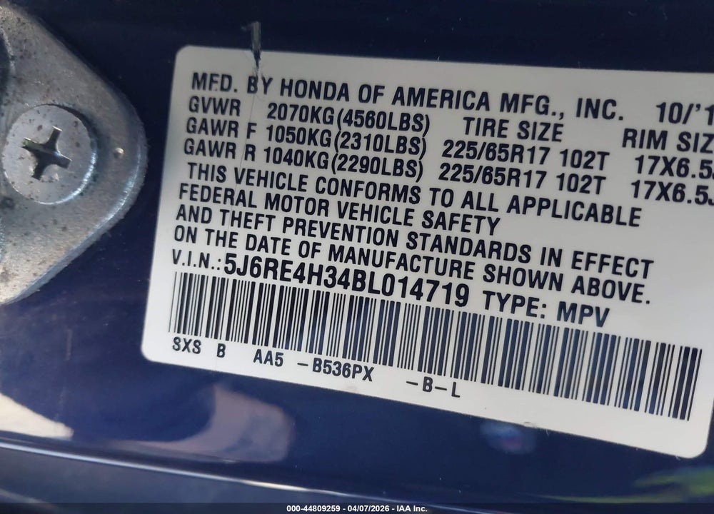 2011 HONDA CR-V LX VIN: 5J6RE4H34BL014719
