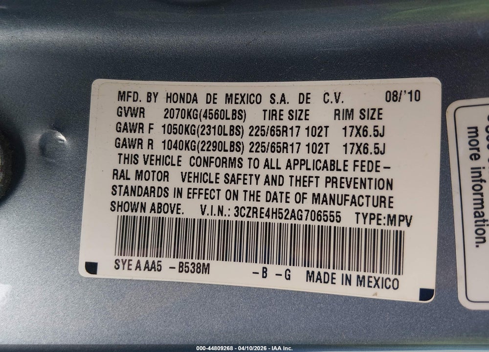 2010 HONDA CR-V EX VIN: 3CZRE4H52AG706555
