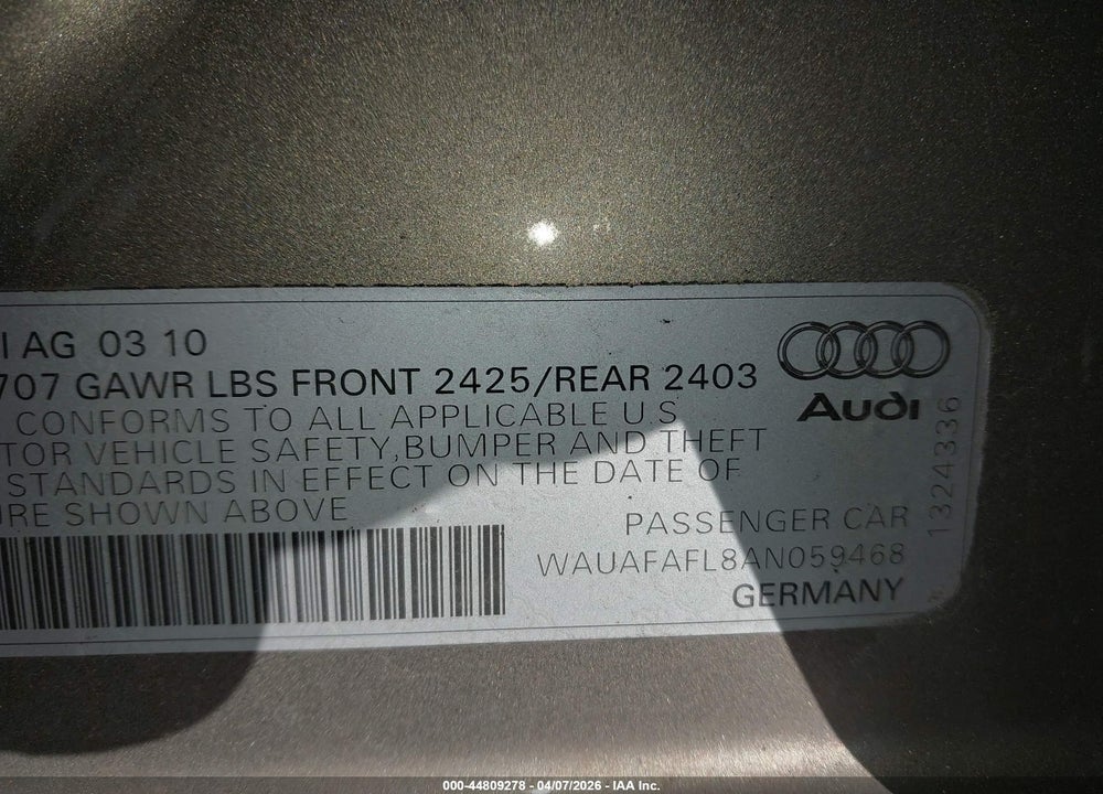 2010 AUDI A4 2.0T PREMIUM VIN: WAUAFAFL8AN059468