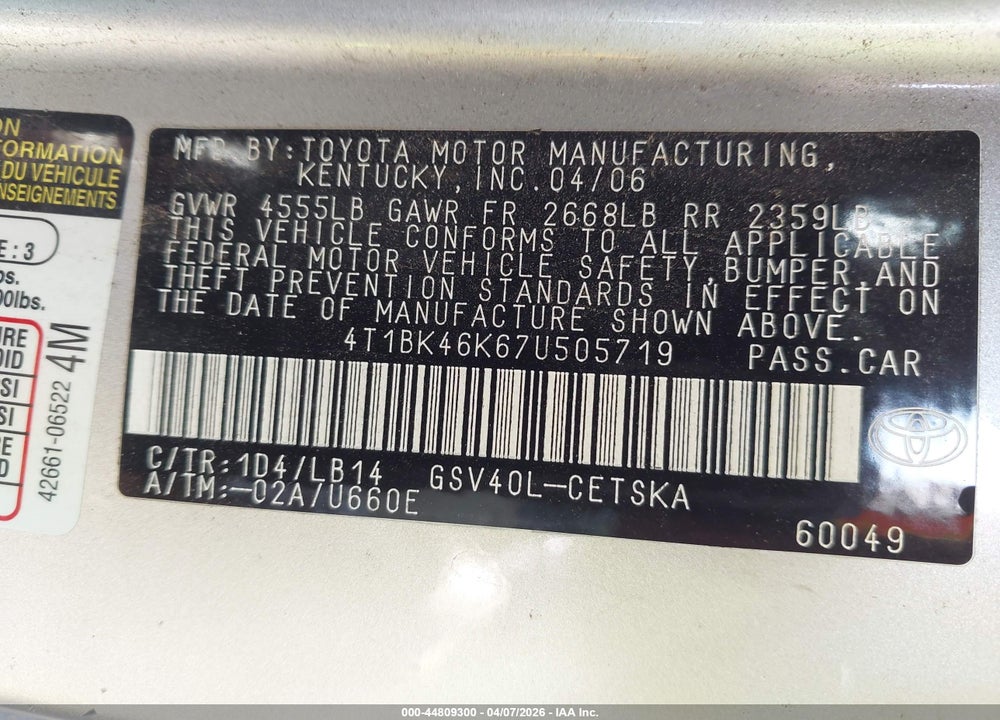 2007 TOYOTA CAMRY SE V6 VIN: 4T1BK46K67U505719