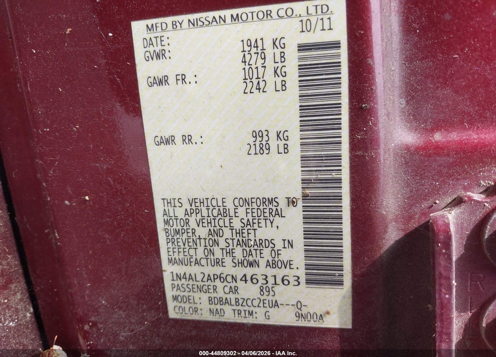 2012 NISSAN ALTIMA 2.5 S VIN: 1N4AL2AP6CN463163