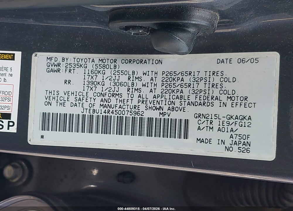2005 TOYOTA 4RUNNER SR5 V6 VIN: JTEBU14R450075962