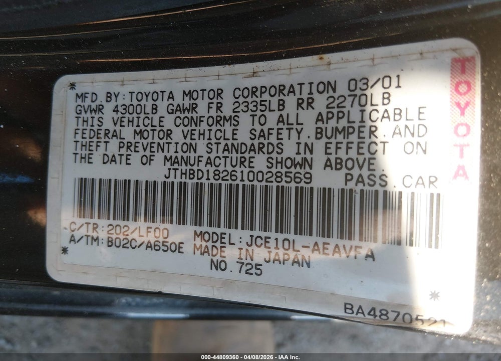 2001 LEXUS IS 300 VIN: JTHBD182610028569
