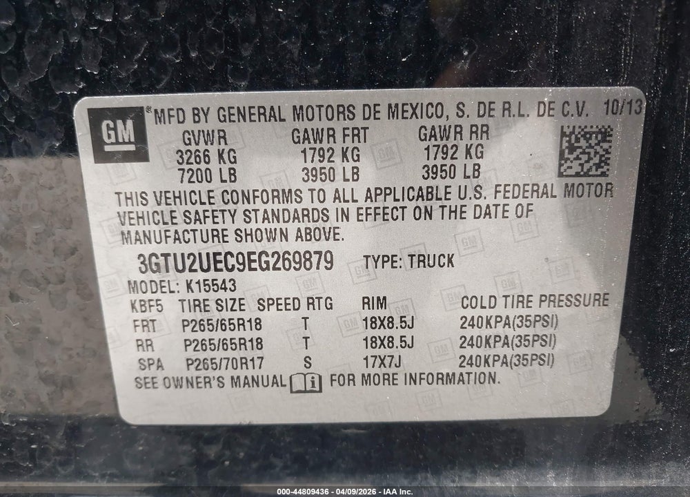 2014 GMC SIERRA 1500 SLE VIN: 3GTU2UEC9EG269879