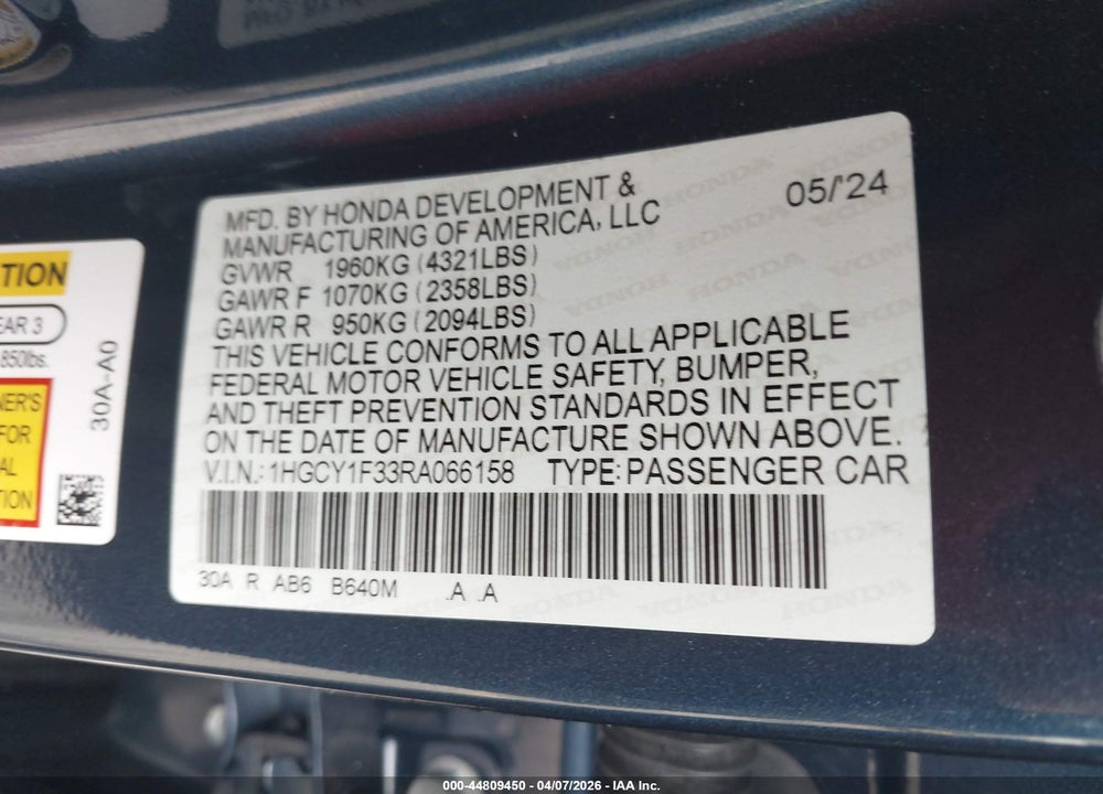 2024 HONDA ACCORD EX VIN: 1HGCY1F33RA066158