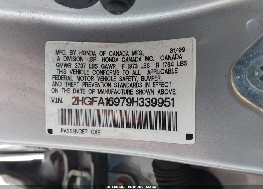 2009 HONDA CIVIC EX-L VIN: 2HGFA16979H339951