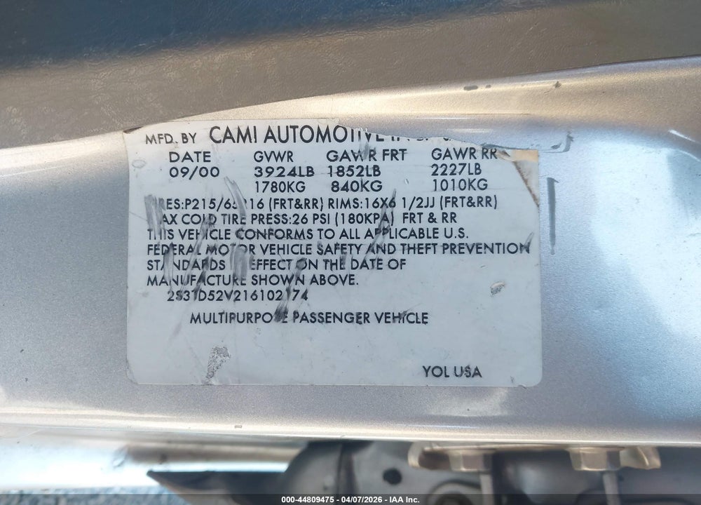 2001 SUZUKI VITARA JLX/JX VIN: 2S3TD52V216102174