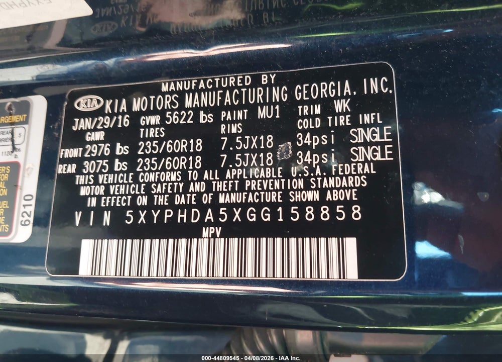2016 KIA SORENTO 3.3L EX VIN: 5XYPHDA5XGG158858