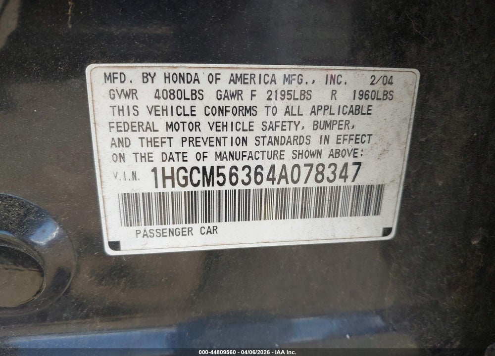 2004 HONDA ACCORD 2.4 LX VIN: 1HGCM56364A078347