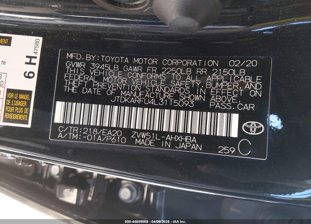 2020 TOYOTA PRIUS XLE VIN: JTDKARFU4L3115093