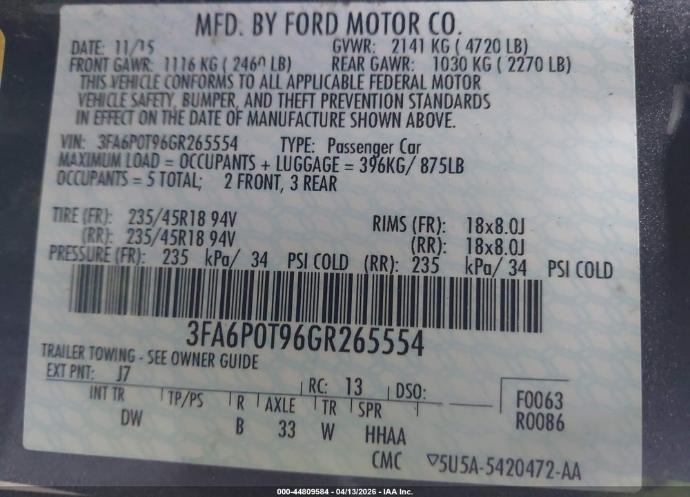 2016 FORD FUSION SE VIN: 3FA6P0T96GR265554