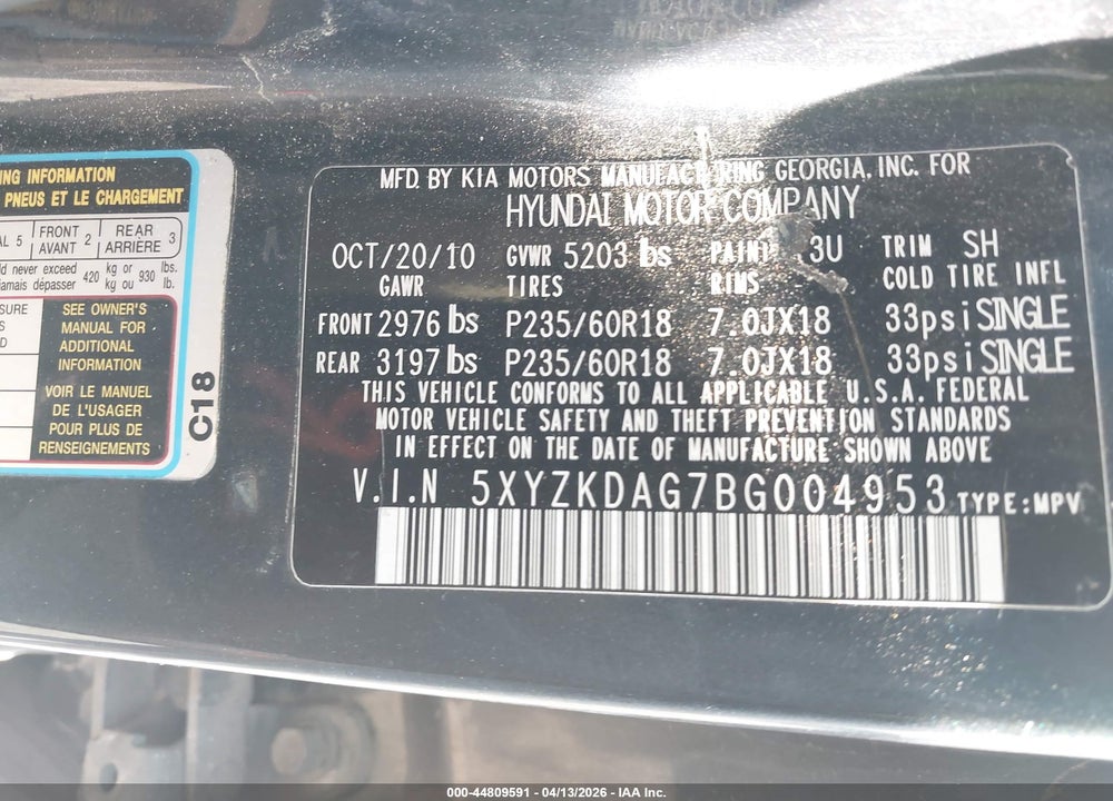 2011 HYUNDAI SANTA FE LIMITED V6 VIN: 5XYZKDAG7BG004953