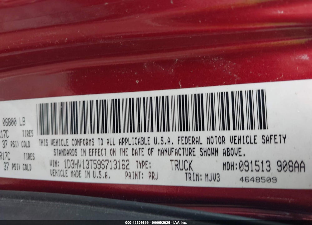 2009 DODGE RAM 1500 SLT/SPORT/TRX VIN: 1D3HV13T59S713162