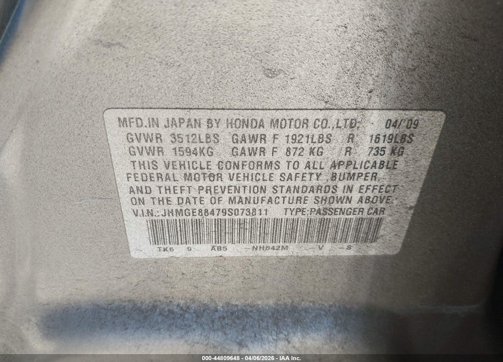 2009 HONDA FIT SPORT VIN: JHMGE88479S073811