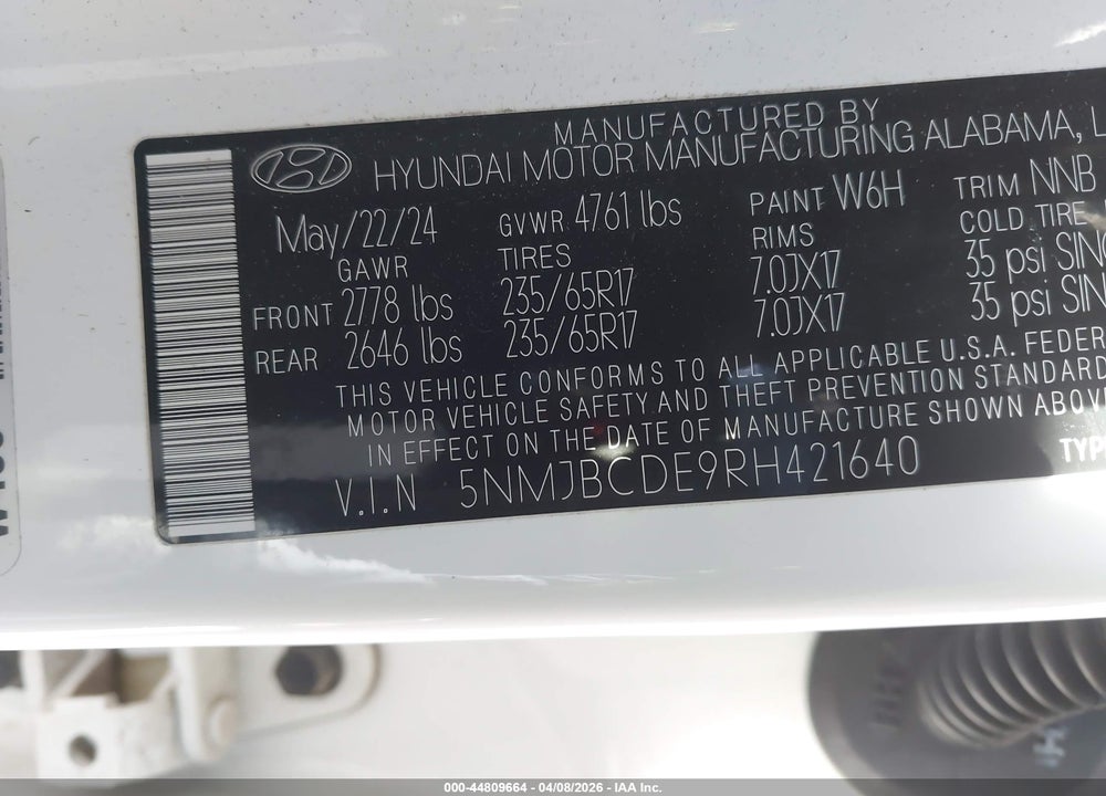 2024 HYUNDAI TUCSON SEL VIN: 5NMJBCDE9RH421640