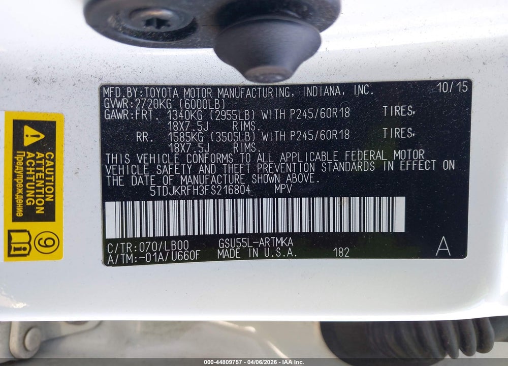 2015 TOYOTA HIGHLANDER XLE V6 VIN: 5TDJKRFH3FS216804