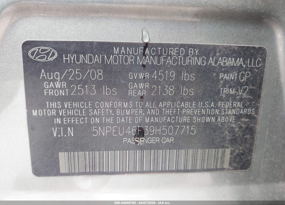 2009 HYUNDAI SONATA LIMITED V6 VIN: 5NPEU46F39H507715