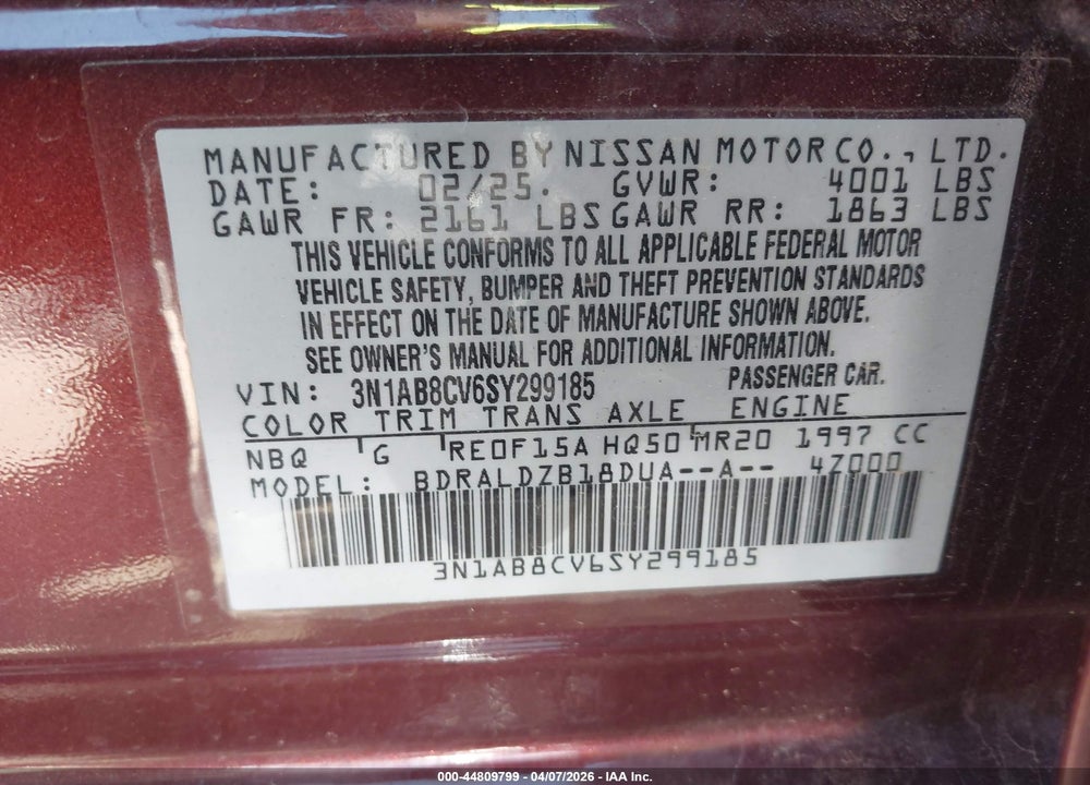 2025 NISSAN SENTRA SV VIN: 3N1AB8CV6SY299185