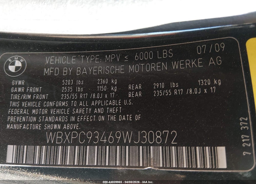 2009 BMW X3 XDRIVE30I VIN: WBXPC93469WJ30872