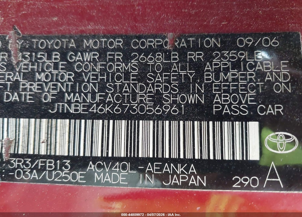 2007 TOYOTA CAMRY LE VIN: JTNBE46K673056961