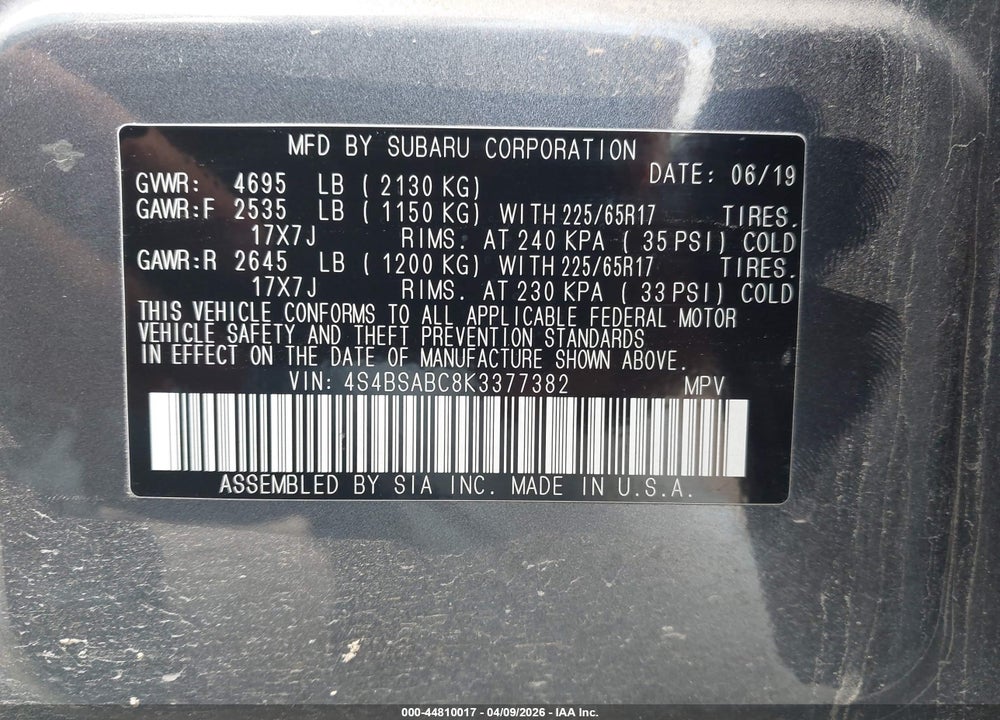 2019 SUBARU OUTBACK 2.5I VIN: 4S4BSABC8K3377382