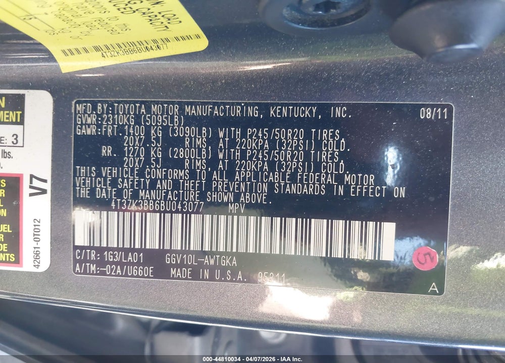2011 TOYOTA VENZA BASE V6 VIN: 4T3ZK3BB6BU043077