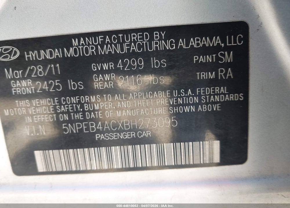 2011 HYUNDAI SONATA GLS VIN: 5NPEB4ACXBH273095