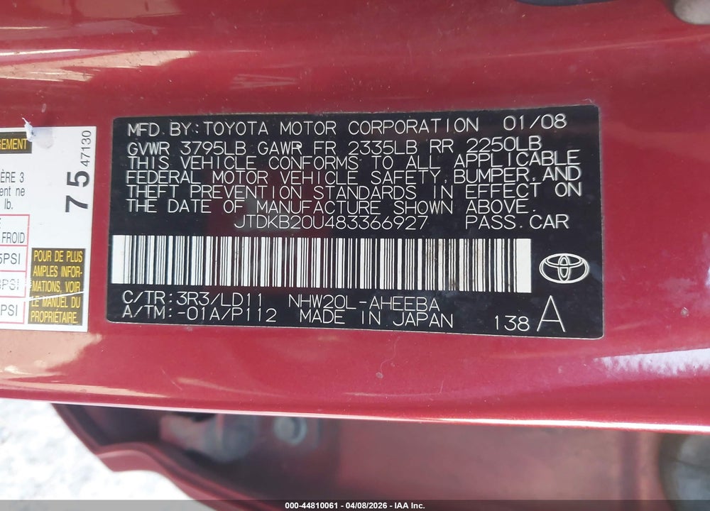 2008 TOYOTA PRIUS VIN: JTDKB20U483366927