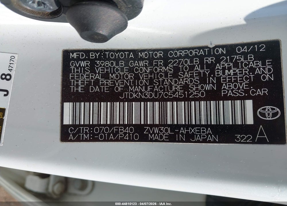 2012 TOYOTA PRIUS TWO VIN: JTDKN3DU7C5451250