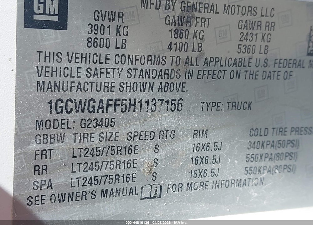 2017 CHEV EXPRESS G2500 VIN: 1GCWGAFF5H1137156